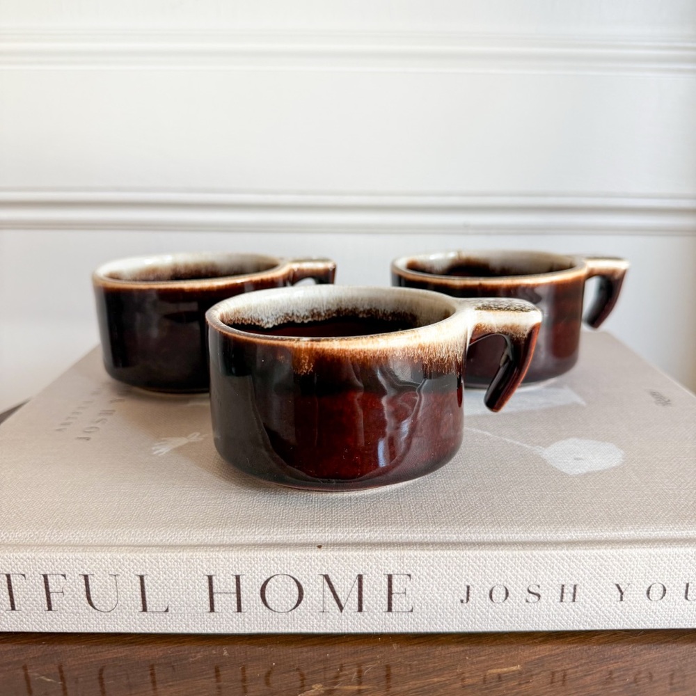 Vintage Decor Set of 3 Pfaltzgraff Gourmet Brown Drip Glaze Ceramic Coffee Mugs